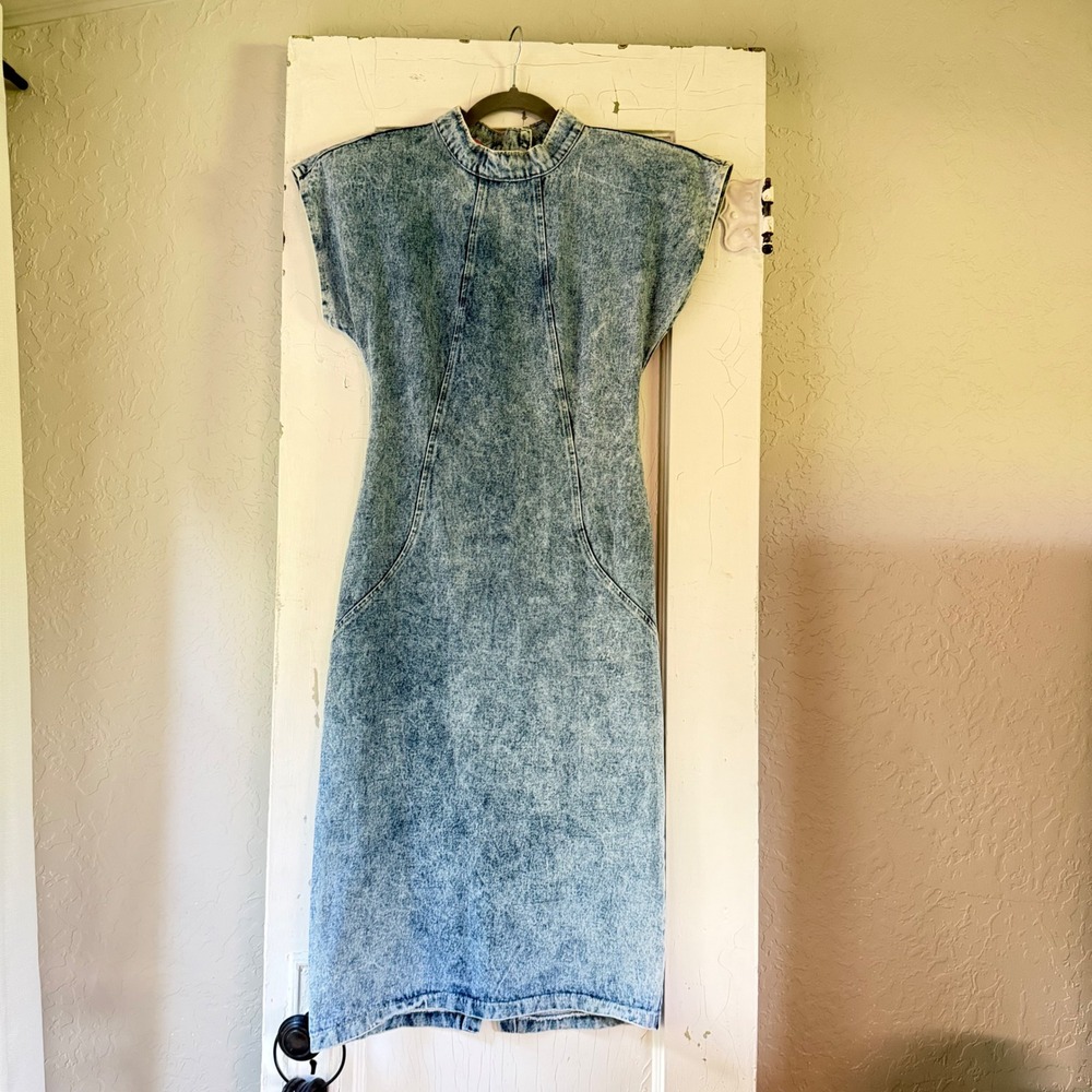 Mariposa 1988 Vintage Acid Wash Denim Dress Open Back Padded Shoulder Sz 9 XS/S